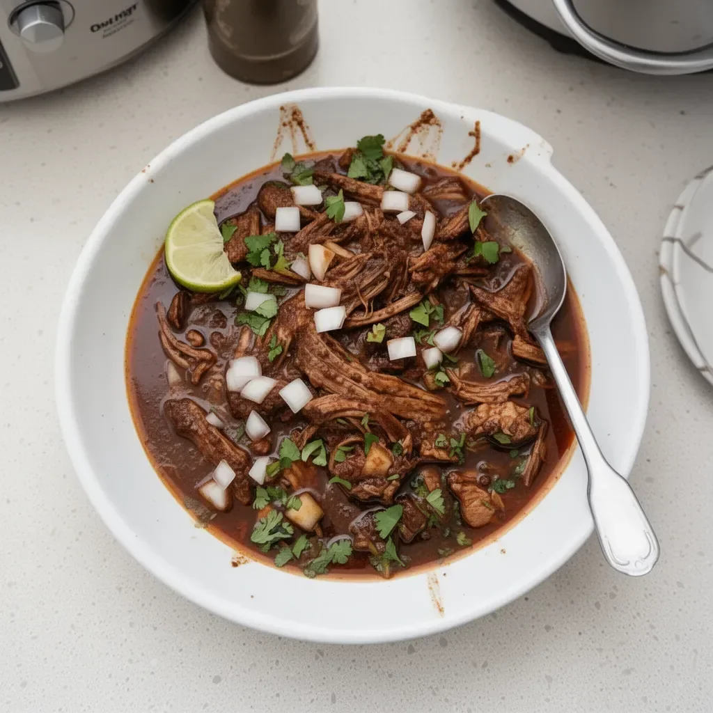 Birria de Res cocinada en una Crockpot, servida con cebolla y cilantro.
