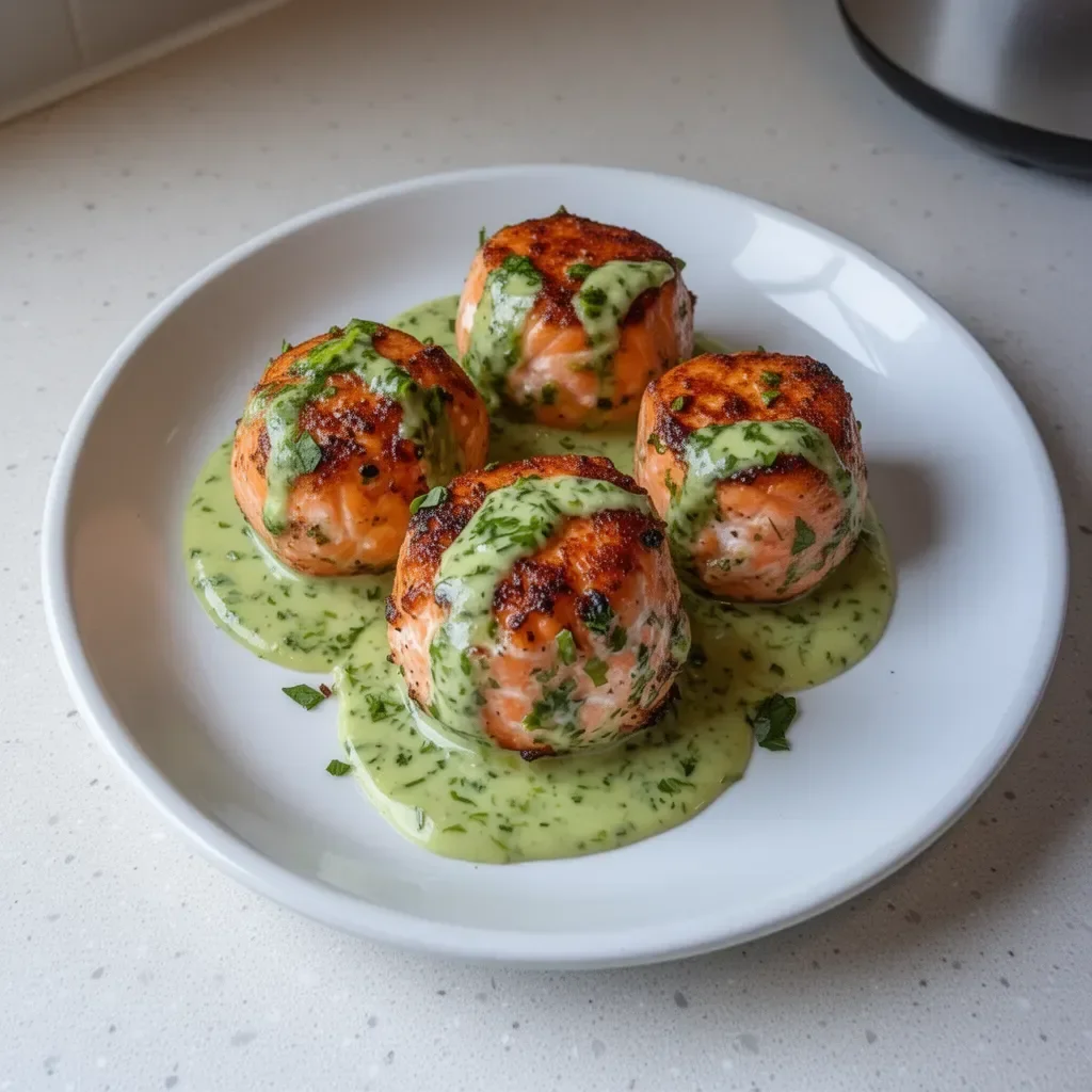 Bolas de salmón con salsa cremosa de aguacate en un plato
