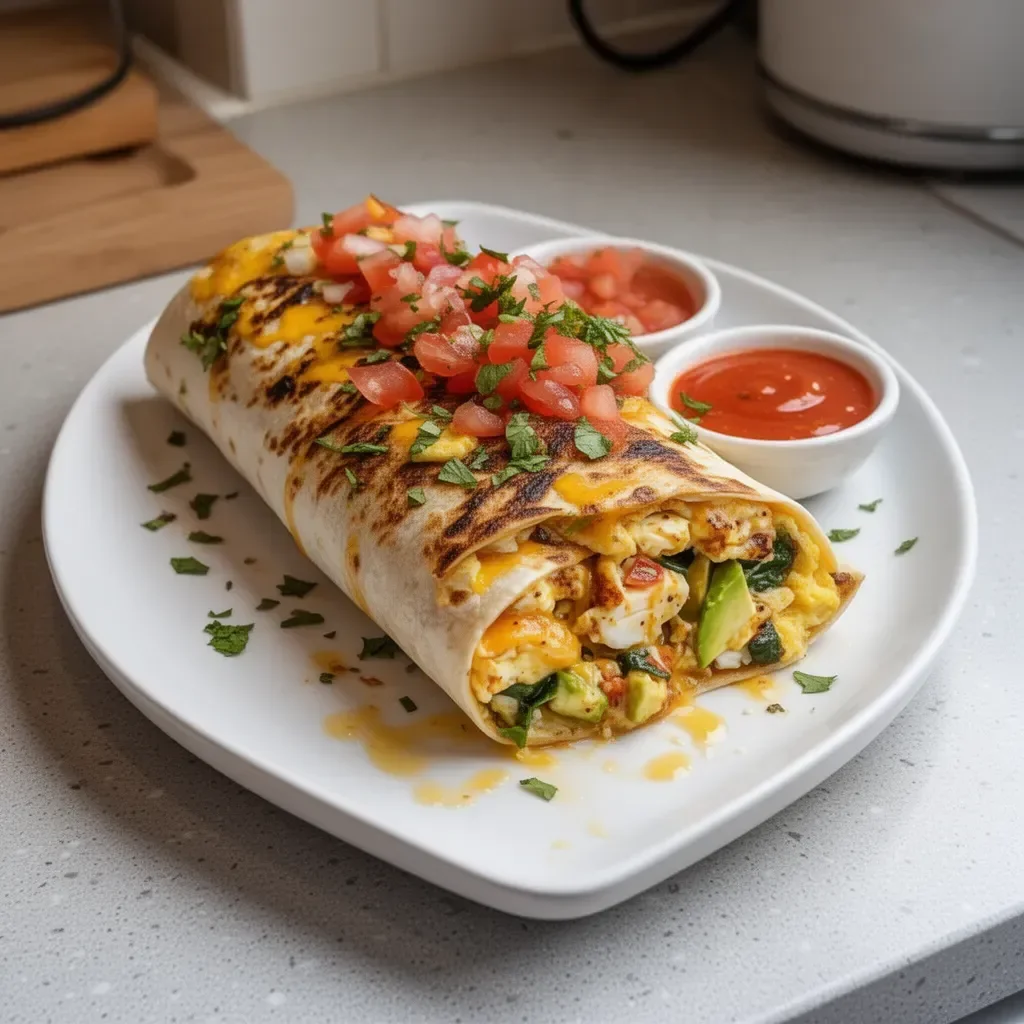 Burrito de desayuno alto en proteínas con ingredientes frescos y nutritivos