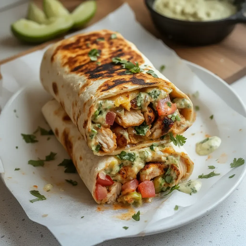 Burrito de pollo a la parrilla con aderezo de chipotle ranch servido en un plato