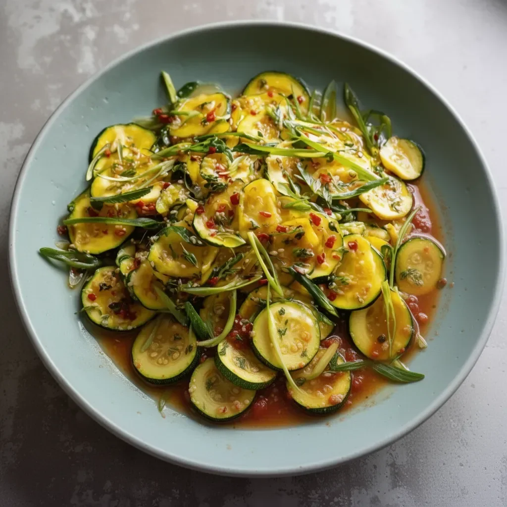 Plato de calabacines al ajo con tomate fresco y aromático