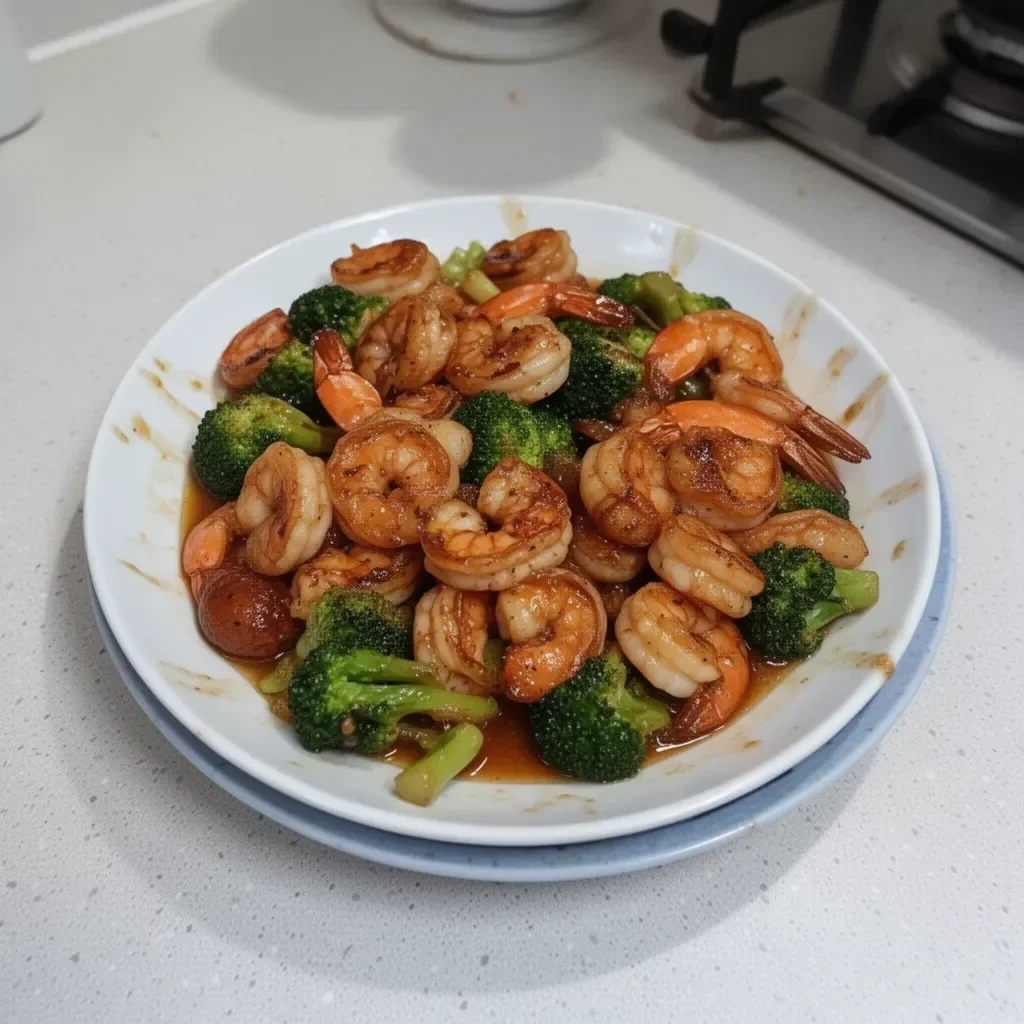 Plato de camarones con miel y ajo, rico en proteínas y delicioso