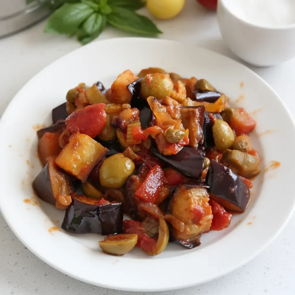 Plato de caponata siciliana, una receta tradicional italiana con berenjenas y verduras.