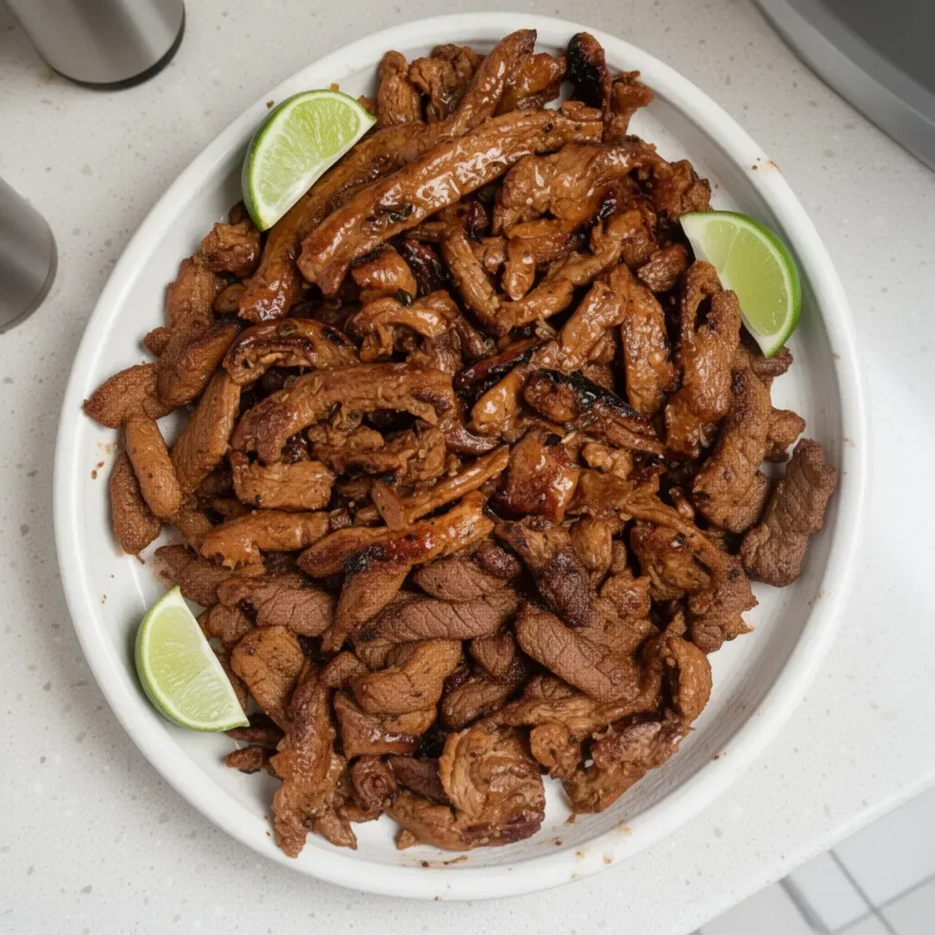 Plato de carne asada vegana servido con guarniciones coloridas