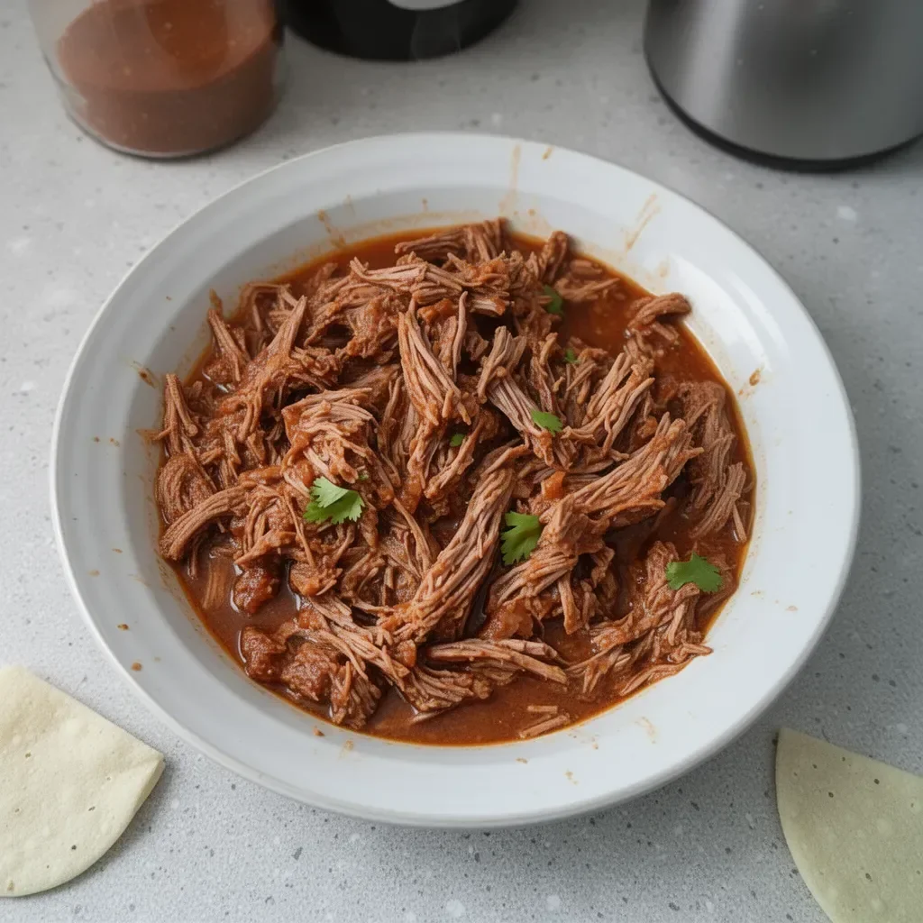 Carne deshebrada mexicana cocinada en olla de cocción lenta