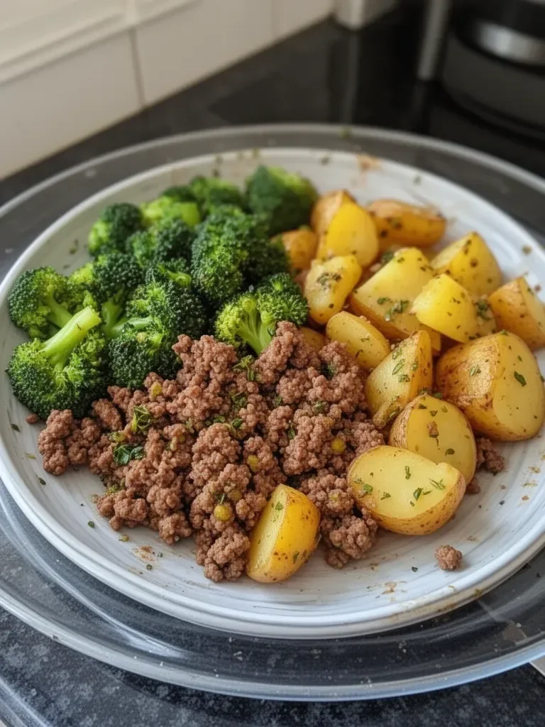 Carne Molida Sazonada con Papas Asadas con Hierbas y Brócoli al Vapor