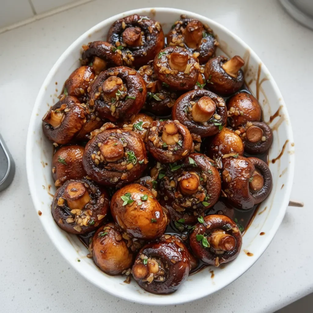 Champiñones asados con ajo y balsámico de soya en un plato atractivo