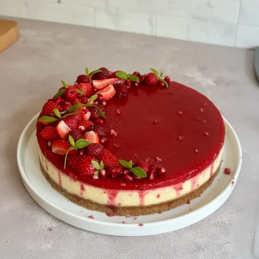 Cheesecake de frambuesa con cobertura de frambuesas frescas
