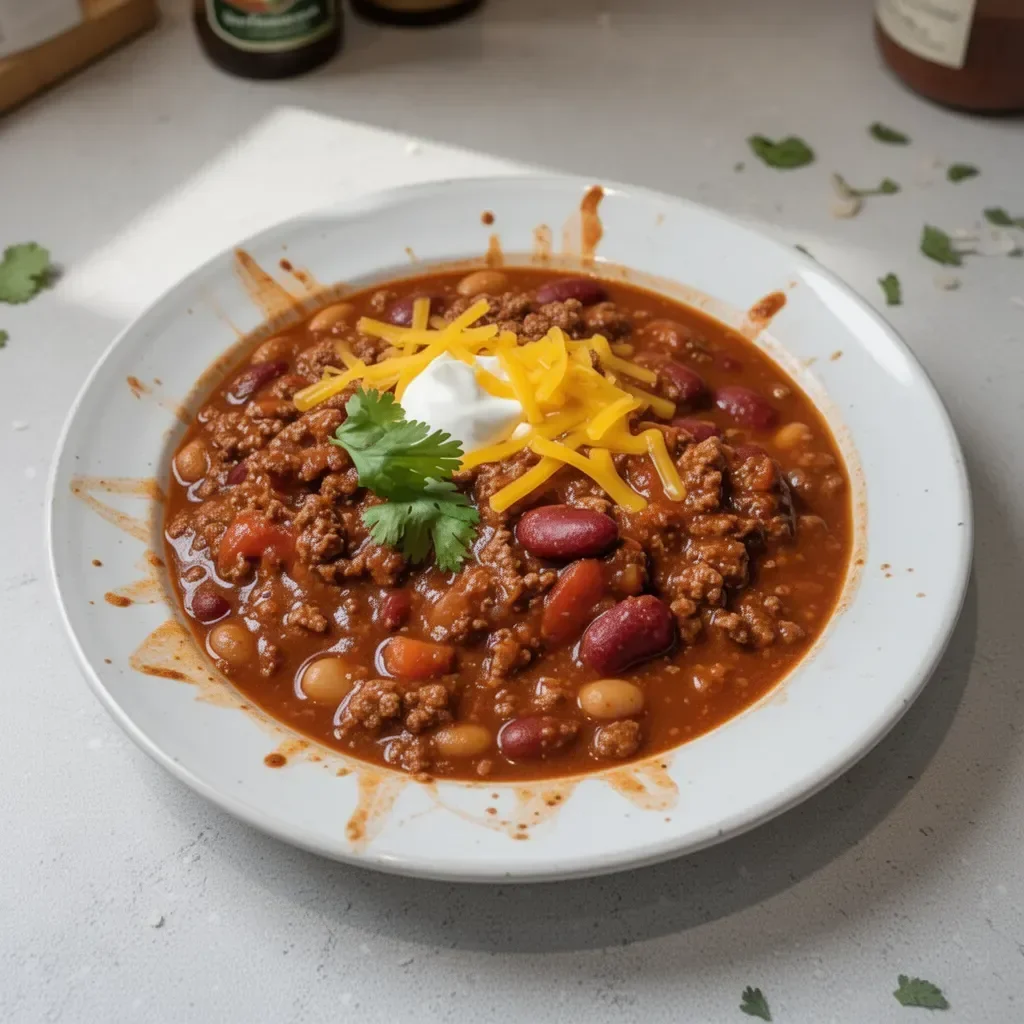 Plato de Chili con Carne Molida servido en un bol decorado con hierbas.