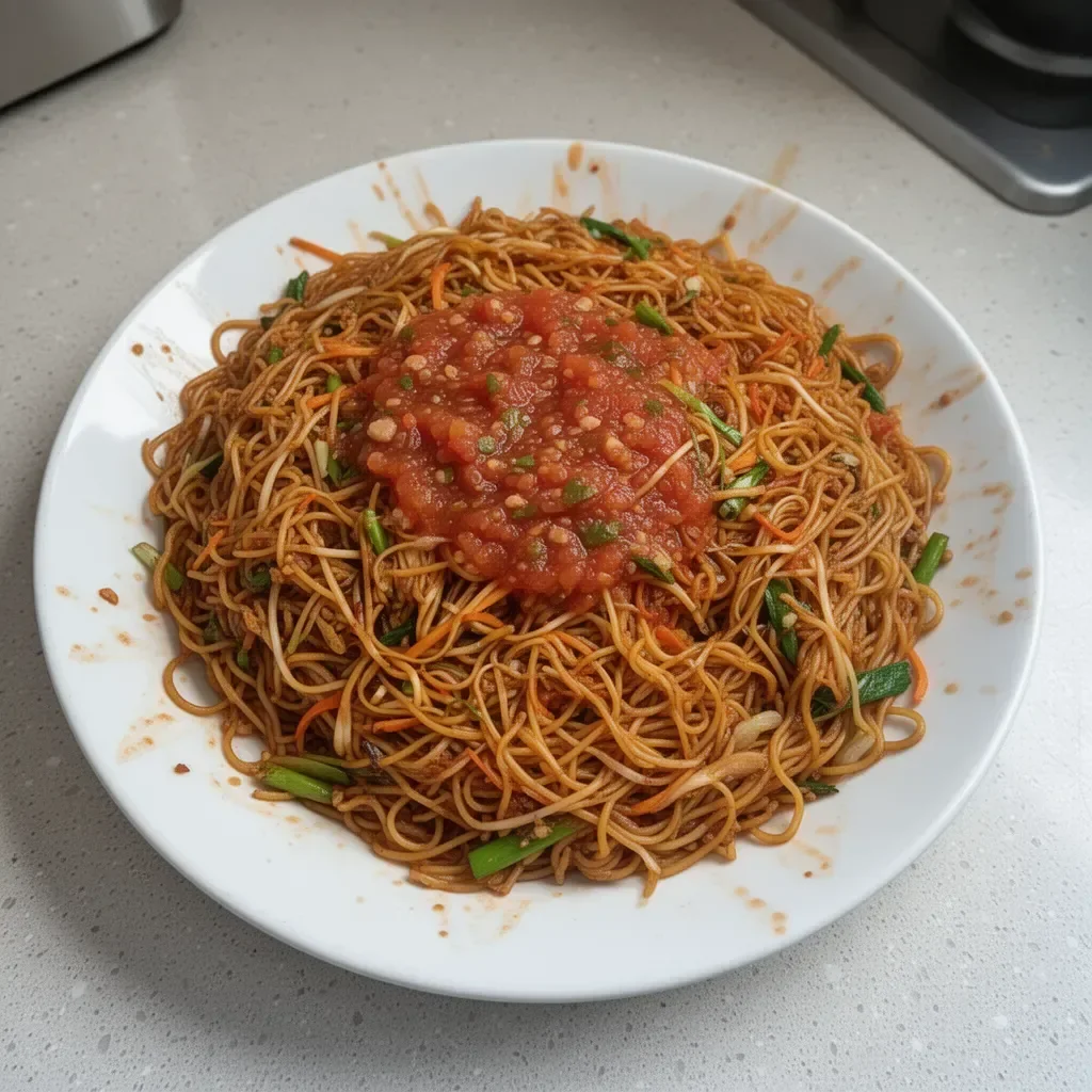 Plato de Chow Mein con Salsa, una deliciosa mezcla de fideos asiáticos y salsa.