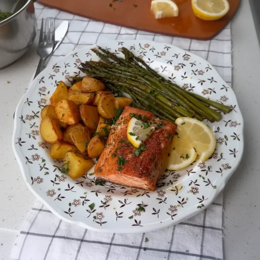 Bandeja de salmón acompañado de papa y espárragos verdes