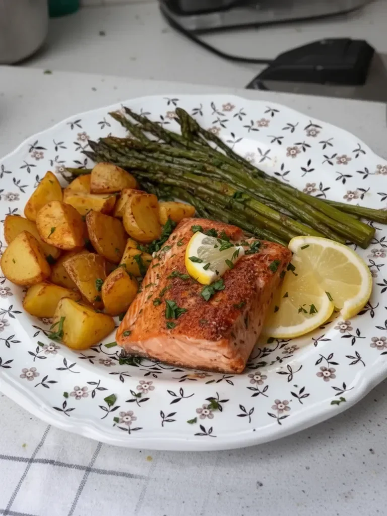 Comida en bandeja de salmón, papa y espárragos