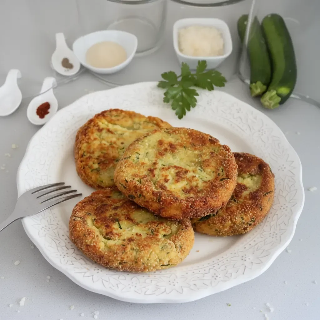 Hamburguesas de calabacín y queso recién hechas en un plato.