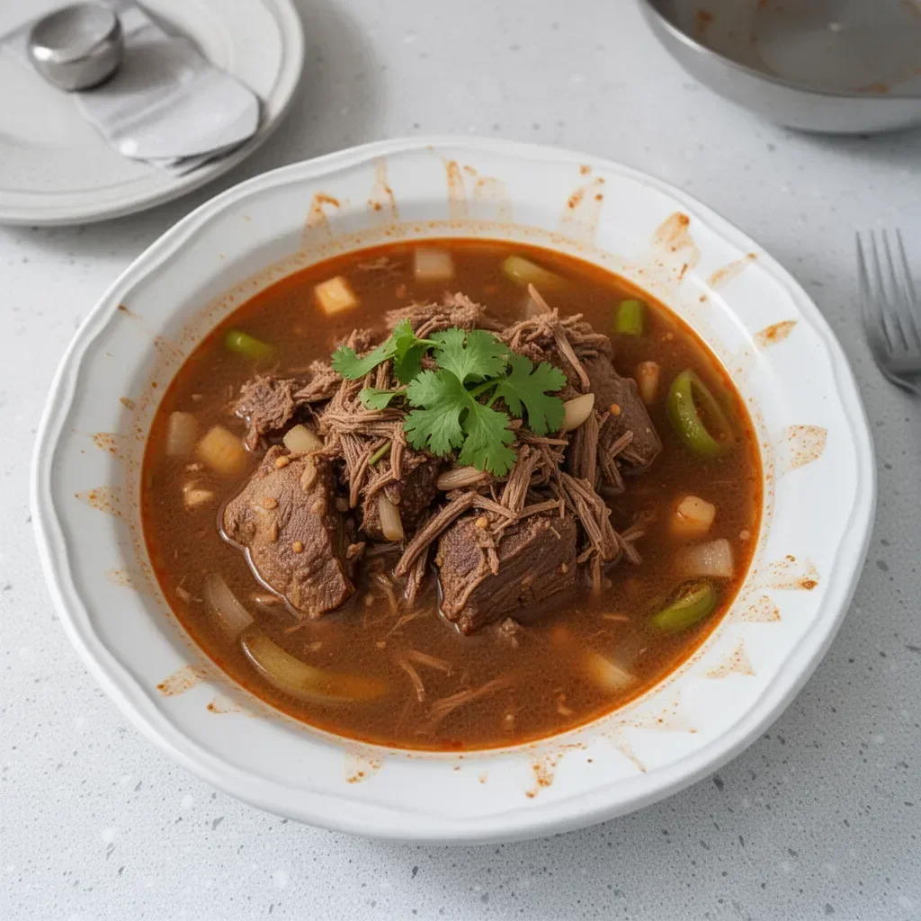 Tazón de Consomé de Birria Mexicana humeante con carne y cilantro fresco