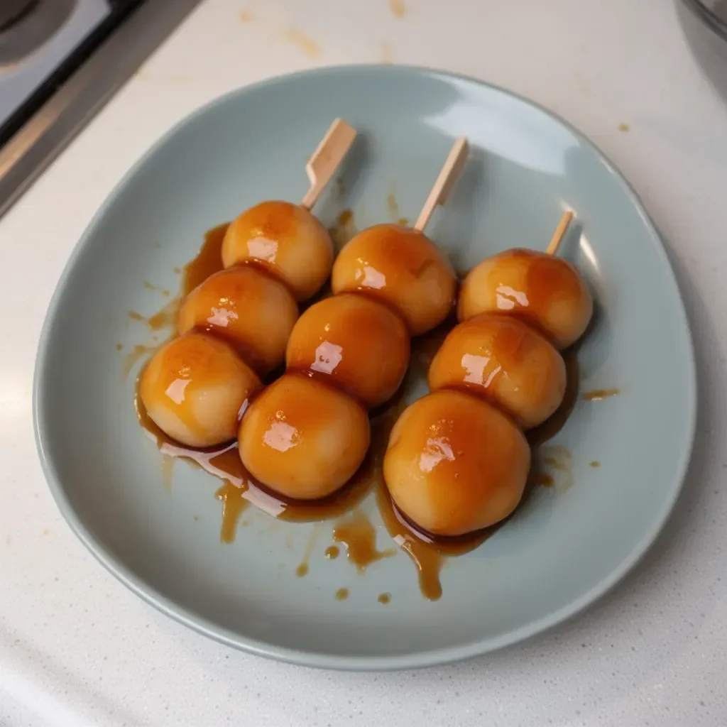 Mitarashi Dango: tradicional dulce japonés en brochetas de arroz glutinosa