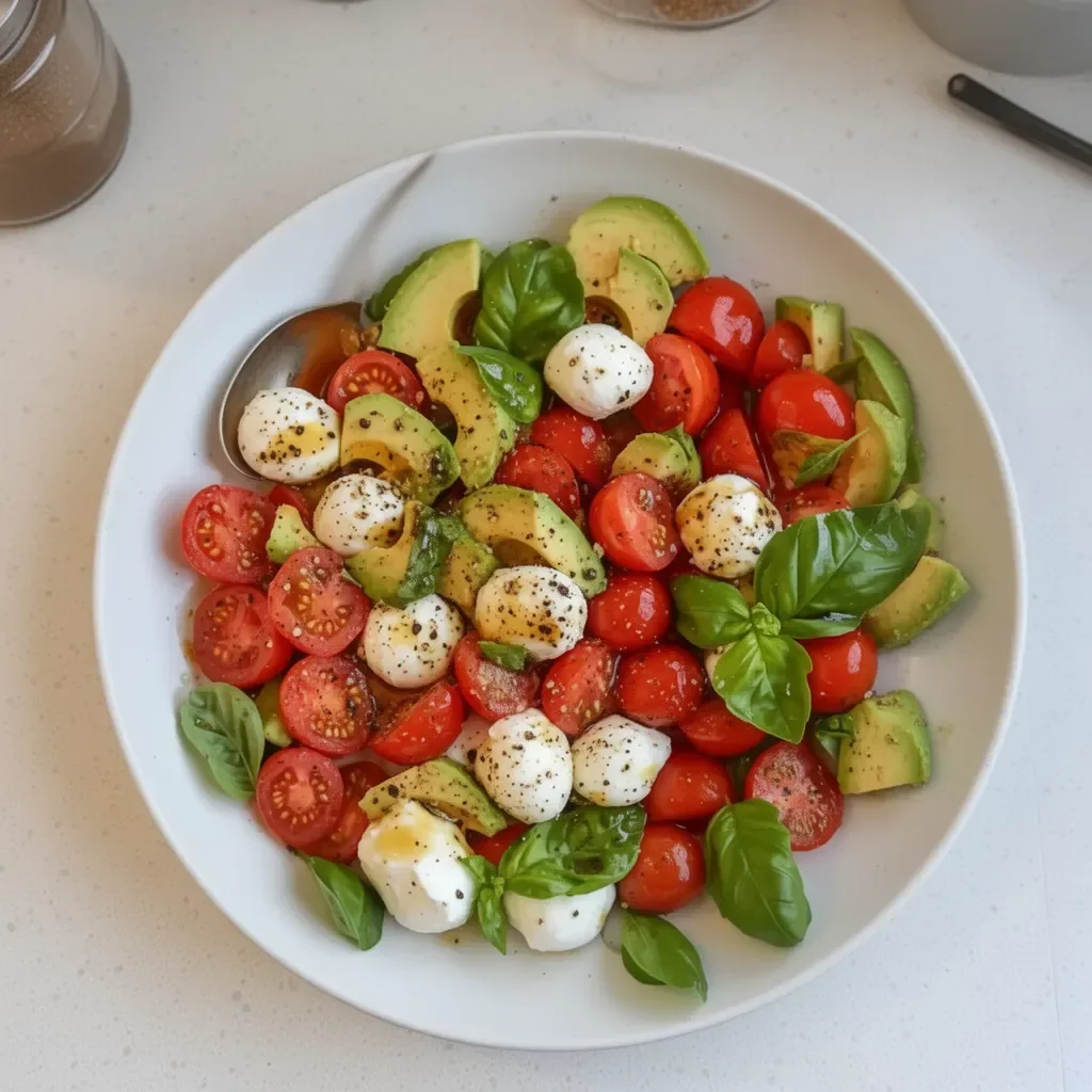 Ensalada Caprese de Aguacate Ligera con tomate, mozzarella y albahaca