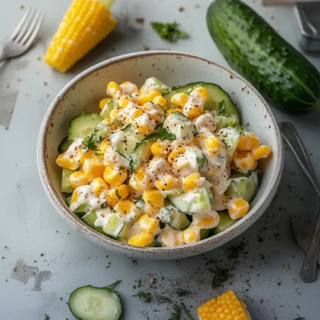 Ensalada cremosa de maíz y pepino en un plato fresco y colorido