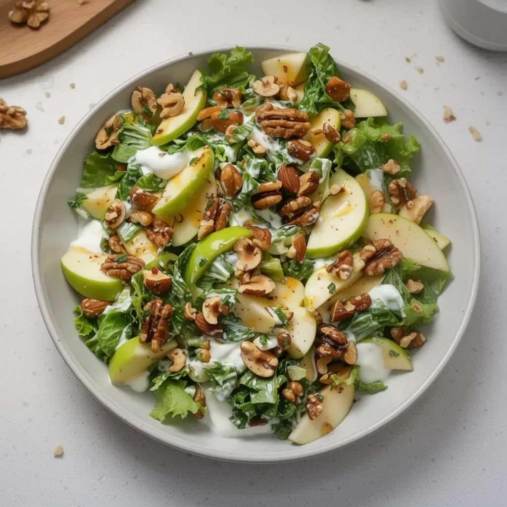 Ensalada crujiente de manzana verde con nueces y yogur cremoso en plato elegante.