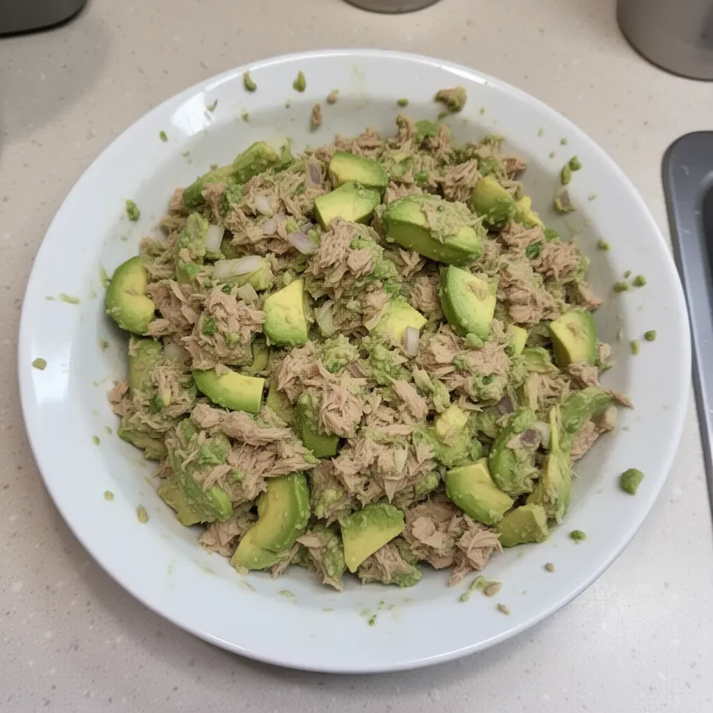 Ensalada de atún con aguacate fresca y colorida en un plato.
