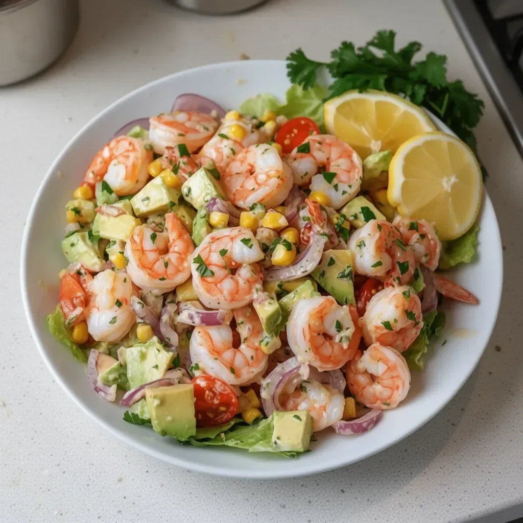 Ensalada de camarón fresca con ingredientes coloridos