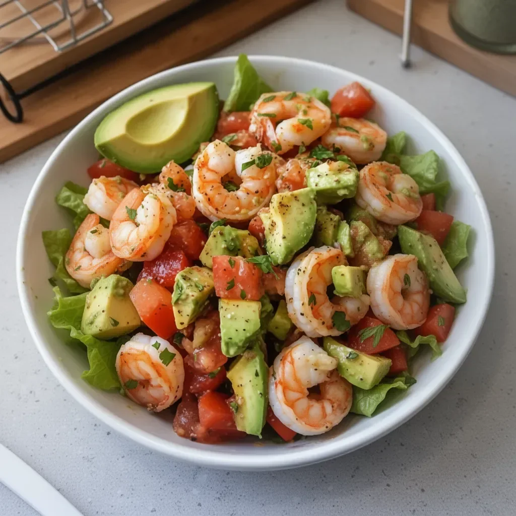 Ensalada de camarones fresca con salsa de aguacate en un plato colorido