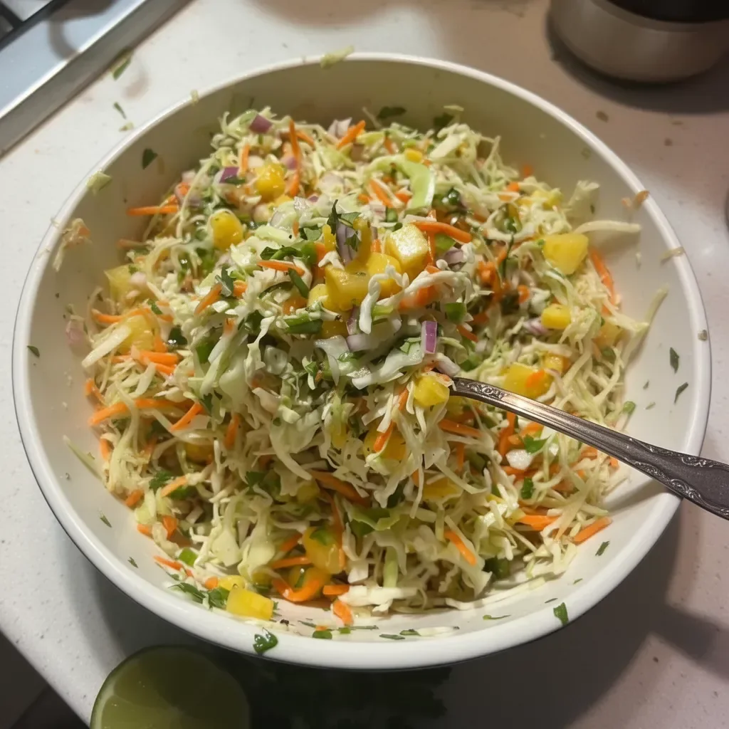 Ensalada de col con piña fresca y colorida en un plato