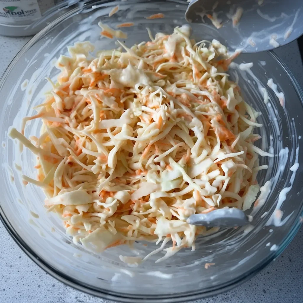 Ensalada de col cremosa en un plato con ingredientes frescos