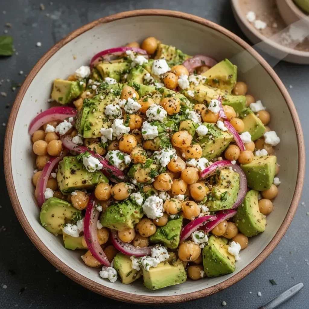 Ensalada de garbanzos con feta y aguacate fresca y colorida