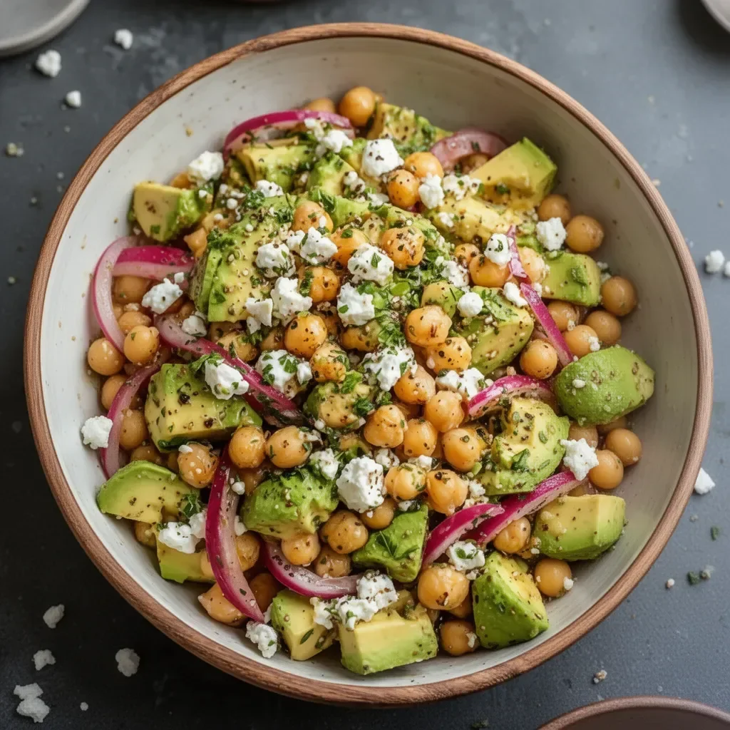 Ensalada de garbanzos con feta y aguacate en un plato colorido