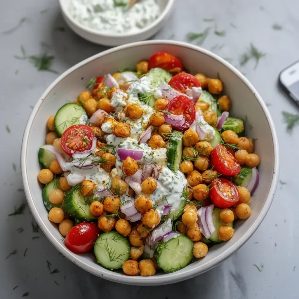 Ensalada de garbanzos y pepino crujiente con aderezo ranch en un bol