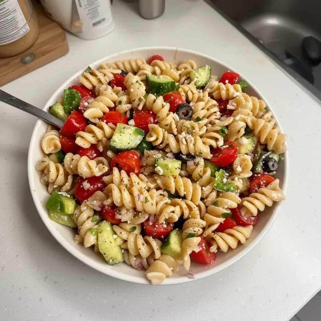 Plato de ensalada de pasta colorida y sabrosa con vegetales frescos