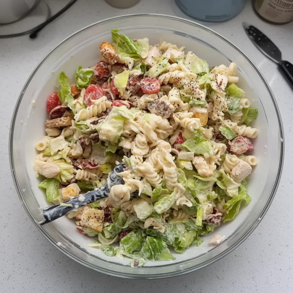 Ensalada de pasta César con pollo, un platillo fresco y sabroso.