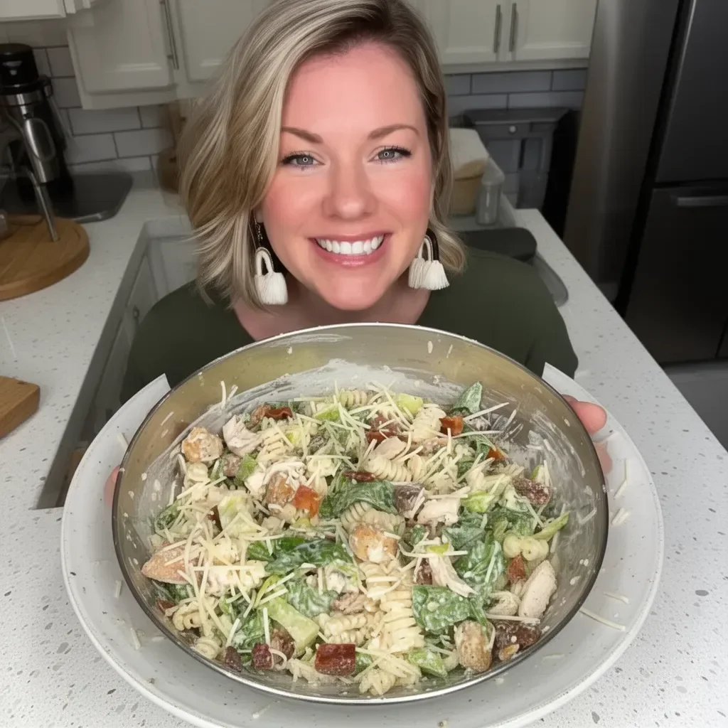 Ensalada de pasta César con pollo en un plato, acompañada de vegetales frescos.