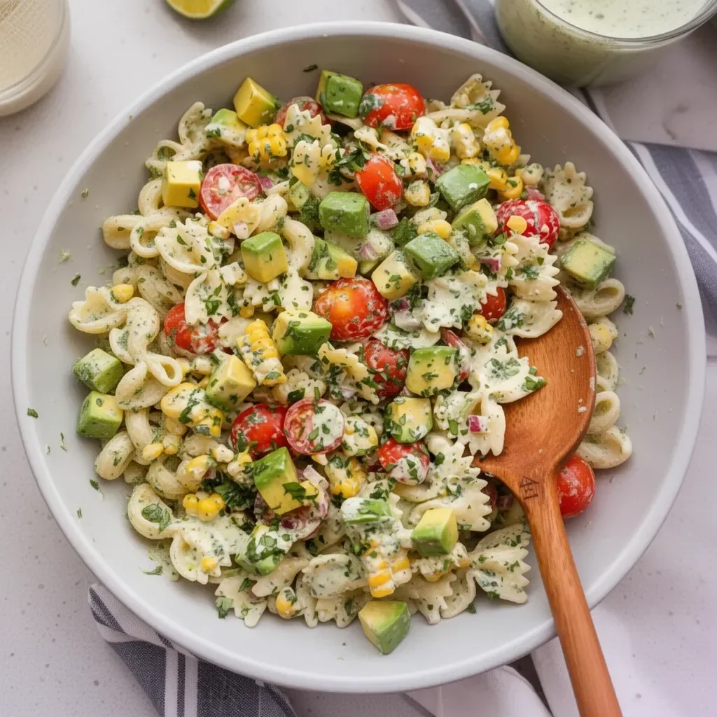 Ensalada de pasta con cilantro y lima, fresca y colorida