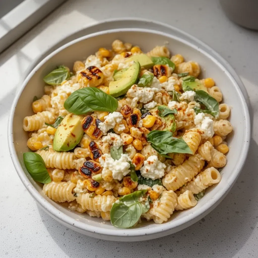 Ensalada de pasta con elote callejero fresca y colorida en un plato