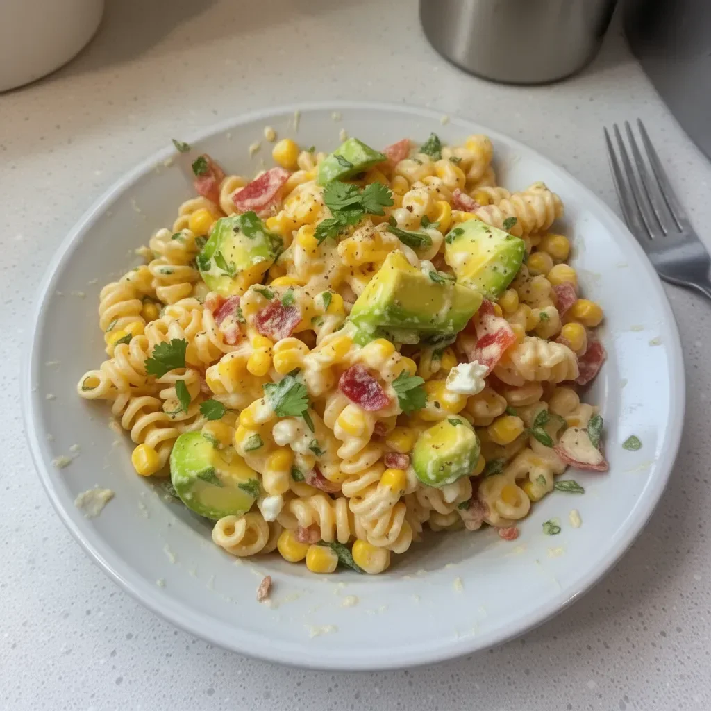 Ensalada de pasta con maíz callejero fresca y colorida