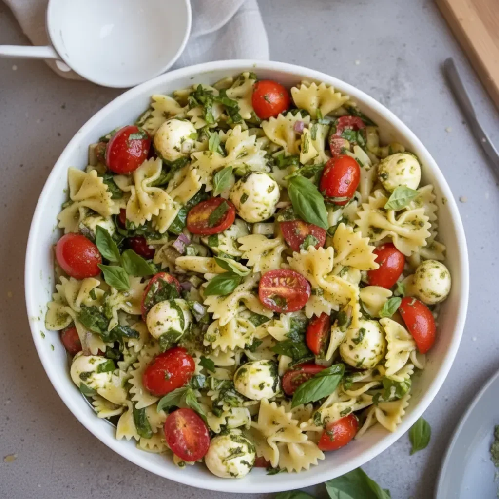 Ensalada de pasta con pesto, fresca y colorida, ideal para el verano