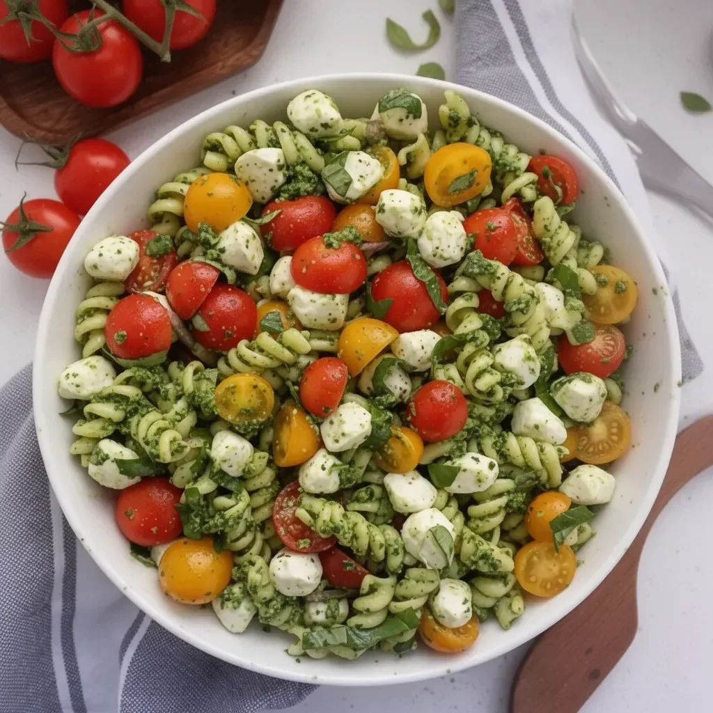 Ensalada de pasta con pesto de kale y vegetales frescos.