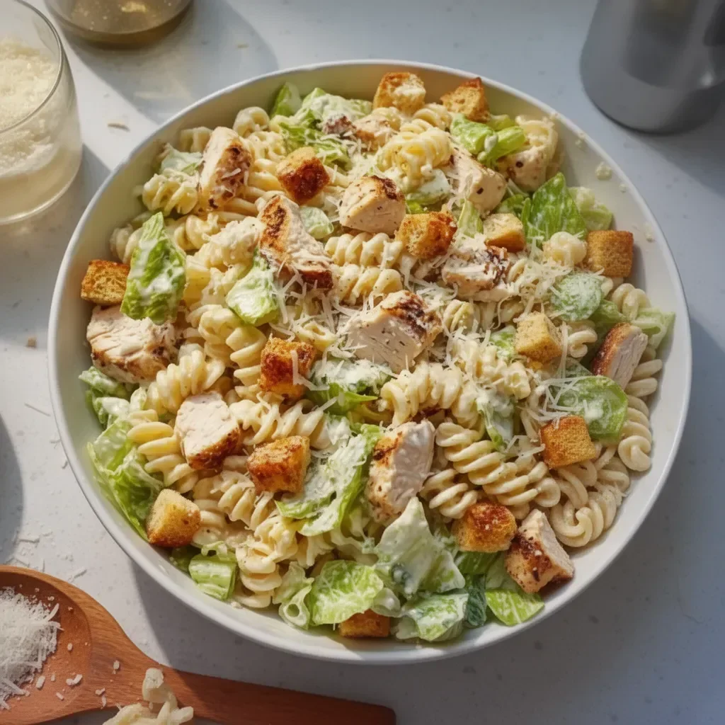 Plato de ensalada de pasta con pollo fresco y colorido