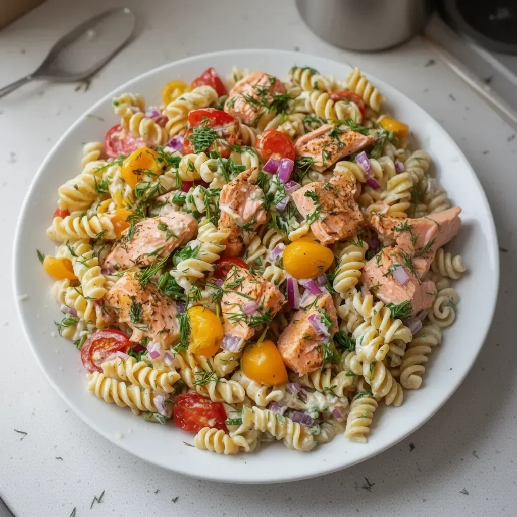 Ensalada de pasta con salmón y vegetales coloridos