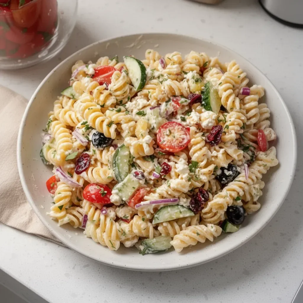 Ensalada de pasta festiva de Navidad con ingredientes coloridos y sabrosos.