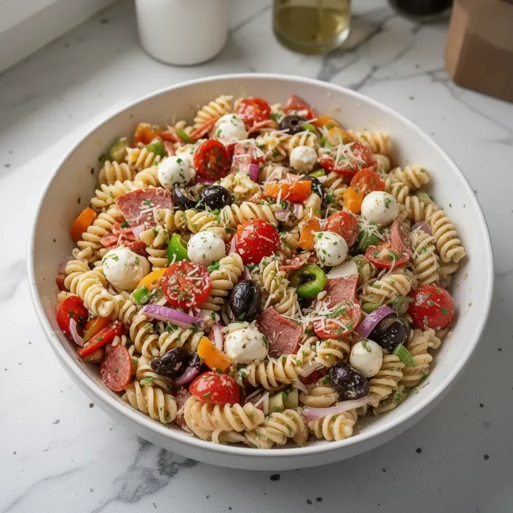 Ensalada de pasta italiana colorida y fresca con vegetales y aderezo