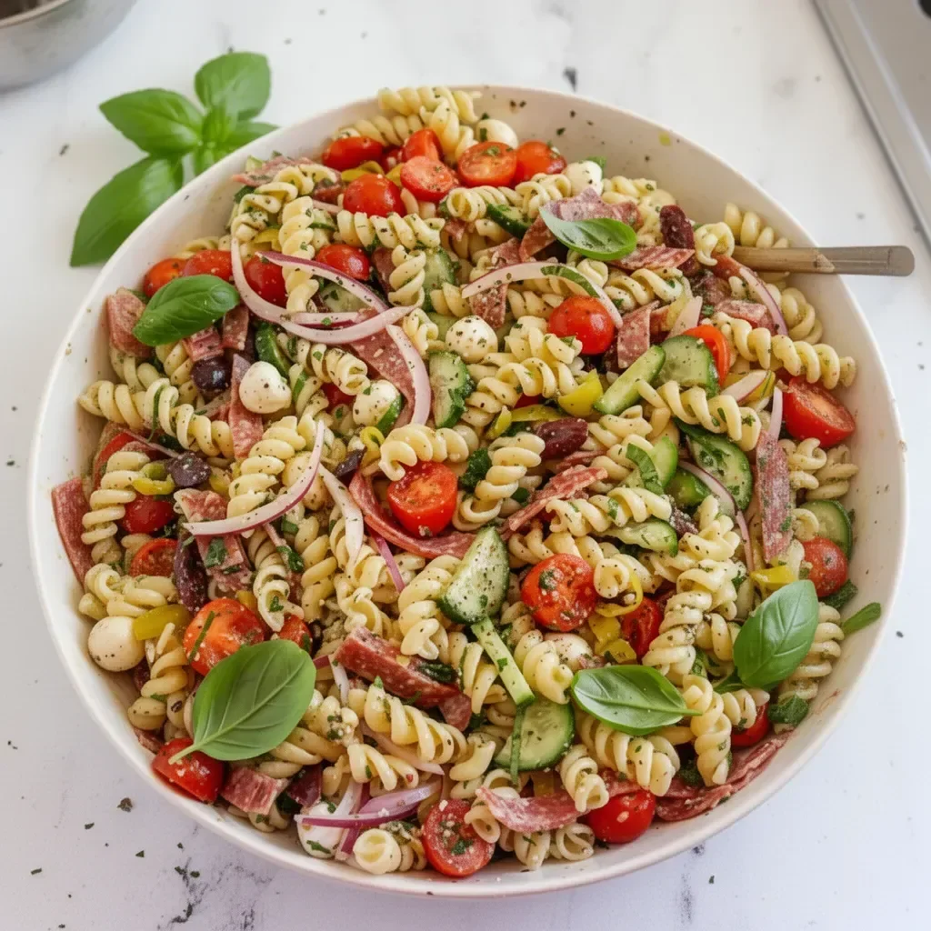 Ensalada de pasta italiana con verduras frescas y aderezo sabroso