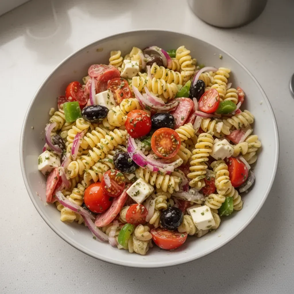 Ensalada de pasta italiana simple con ingredientes frescos y coloridos