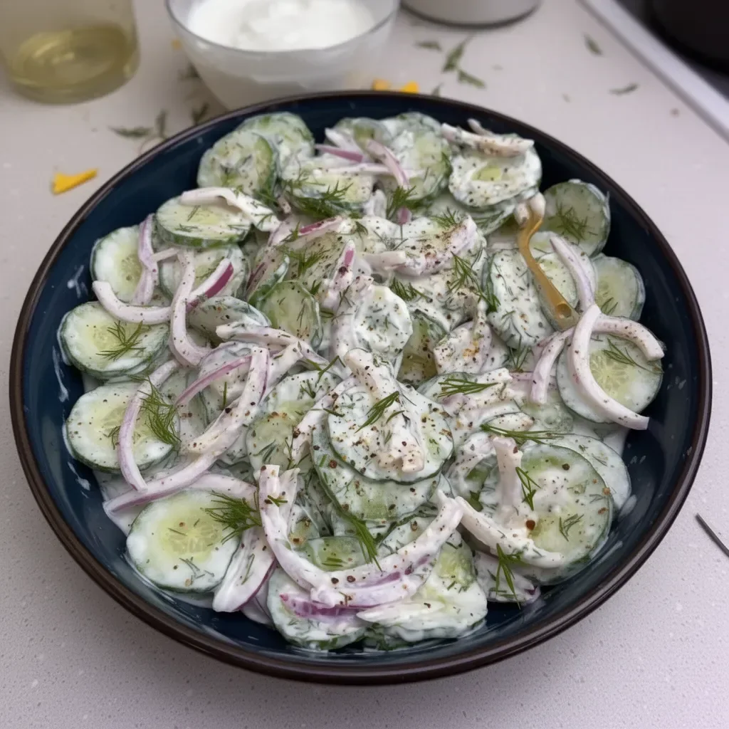 Ensalada de pepino con yogur en un plato blanco decorativa