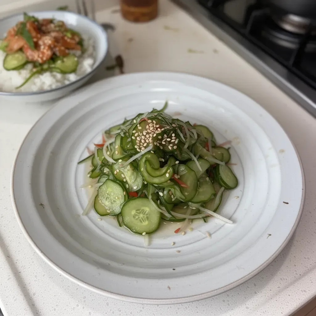 Ensalada de pepino japonés sunomono servida en un plato elegante