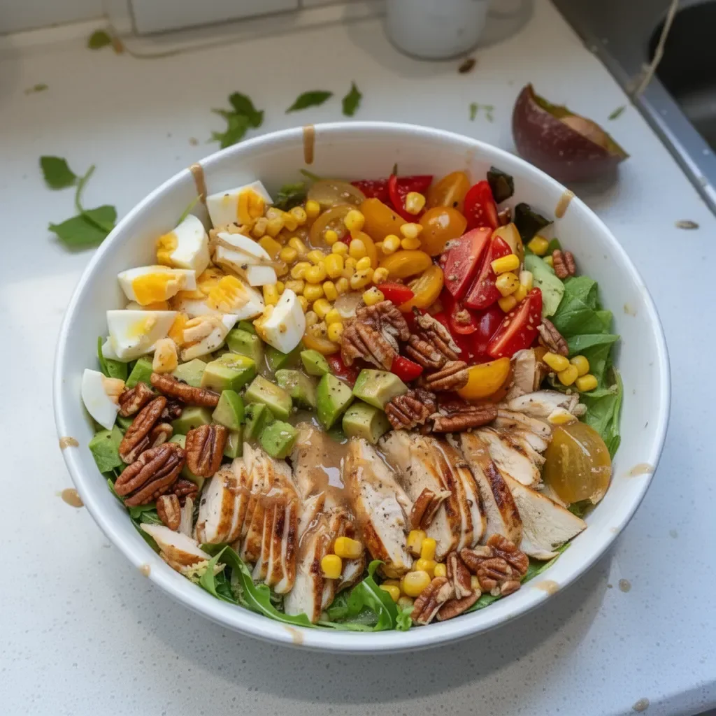 Ensalada de pollo a la parrilla con aderezo de cebolla dulce