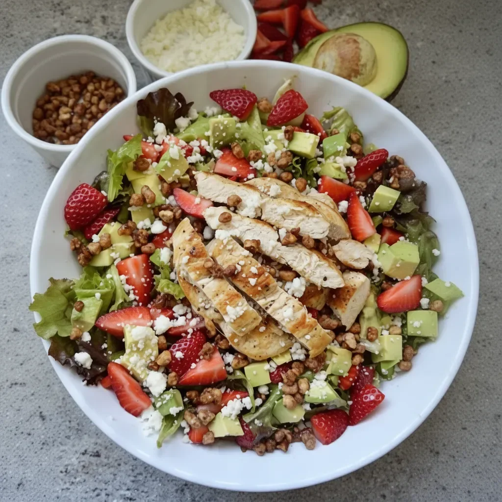 Ensalada de pollo con fresas y vegetales frescos en un plato colorido