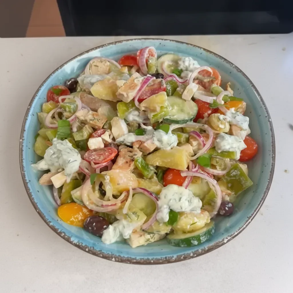 Ensalada de pollo con salsa tzatziki fresca y saludable