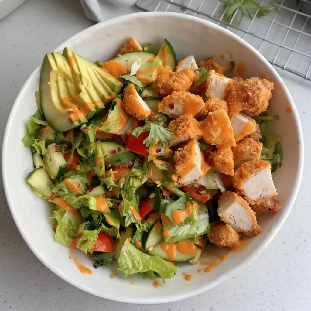 Ensalada de pollo picado con salsa bufalosa en un plato colorido